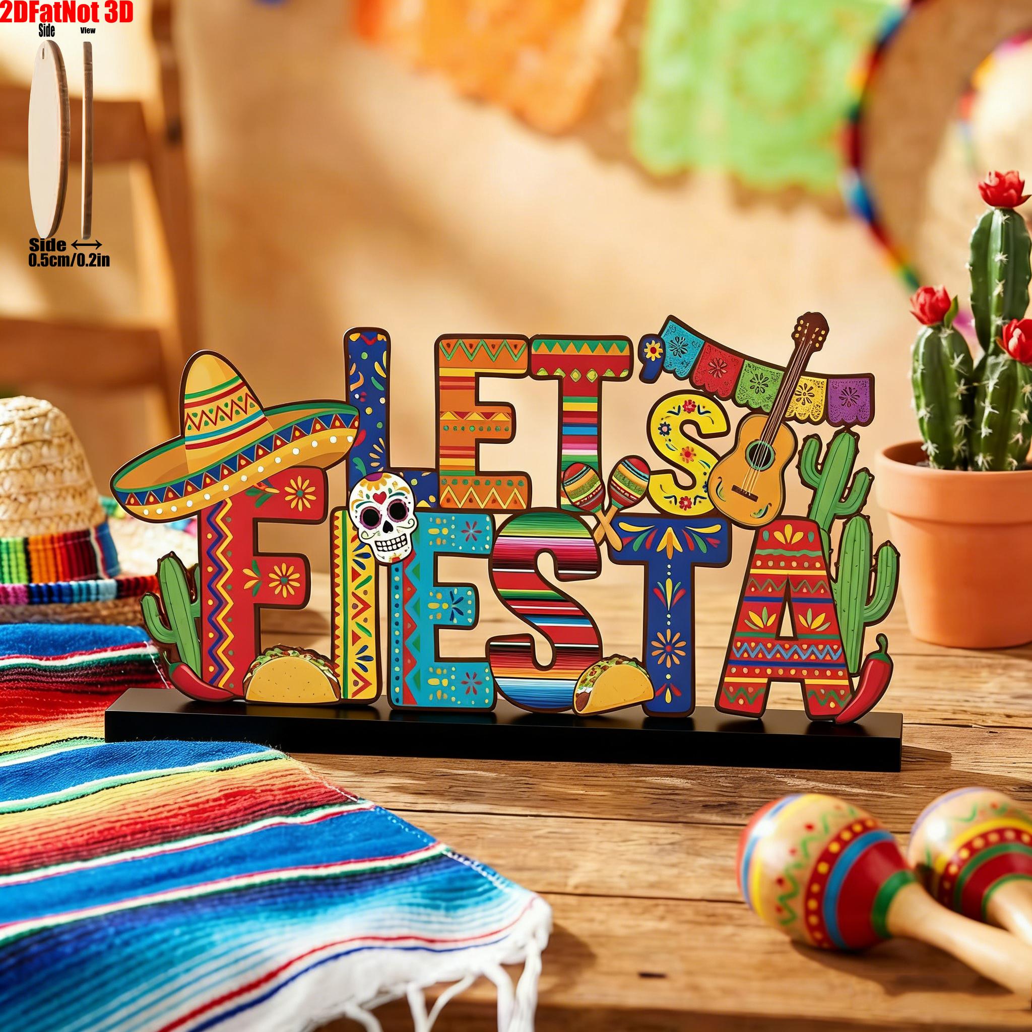 2D Wooden Mexican Cinco De Mayo Table Centerpiece, Festive Layered Tray Decor, Wood Base for Shelves, Fireplace, Home Office, Party Gift