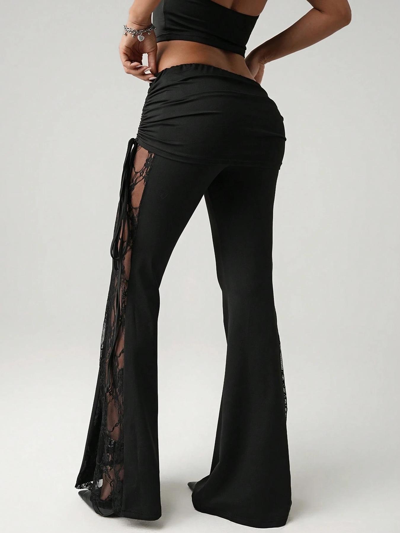 Women's Lace Side Stripe Beach Vacation Pants, Sexy Waist Drawstring Adjustable Flare Leggings, Casual Slim-Fit All Season Wear