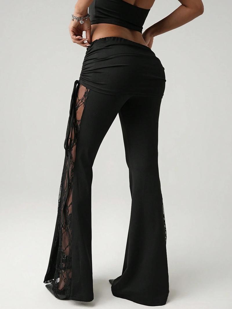 Valentine's Day Women's Lace Side Stripe Beach Vacation Pants, Sexy Waist Drawstring Flare Leggings, Casual Slim-Fit All Season Wear