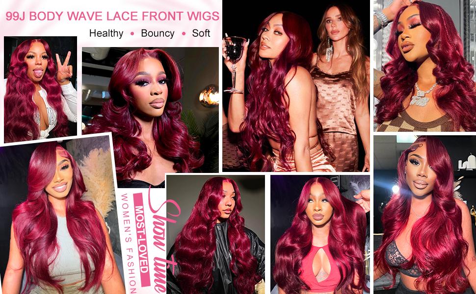 Yilike 99j Burgundy Lace Front Wigs Human Hair Red Burgundy Wig 180% Density 13x6 Body Wave Lace Front Wigs Pre Plucked Glueless Lace Front Wigs Human Hair for Women