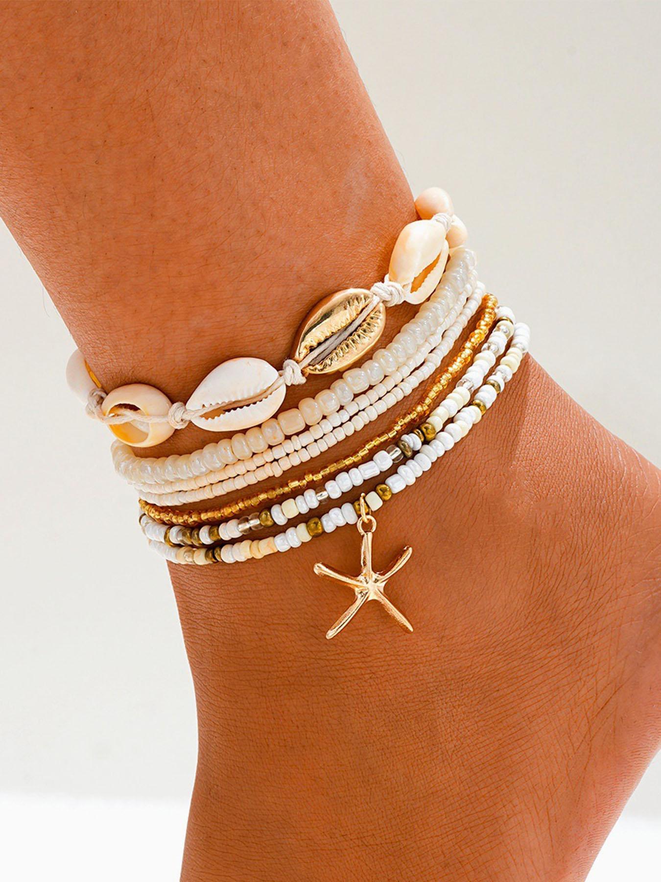 6 Pcs Boho Ocean Style Beaded Imitation Pearl Ccb Metal Star Shell Ankle Bracelet Set, Elastic Fit for Most Ankles, Women's Daily & Festival Wear