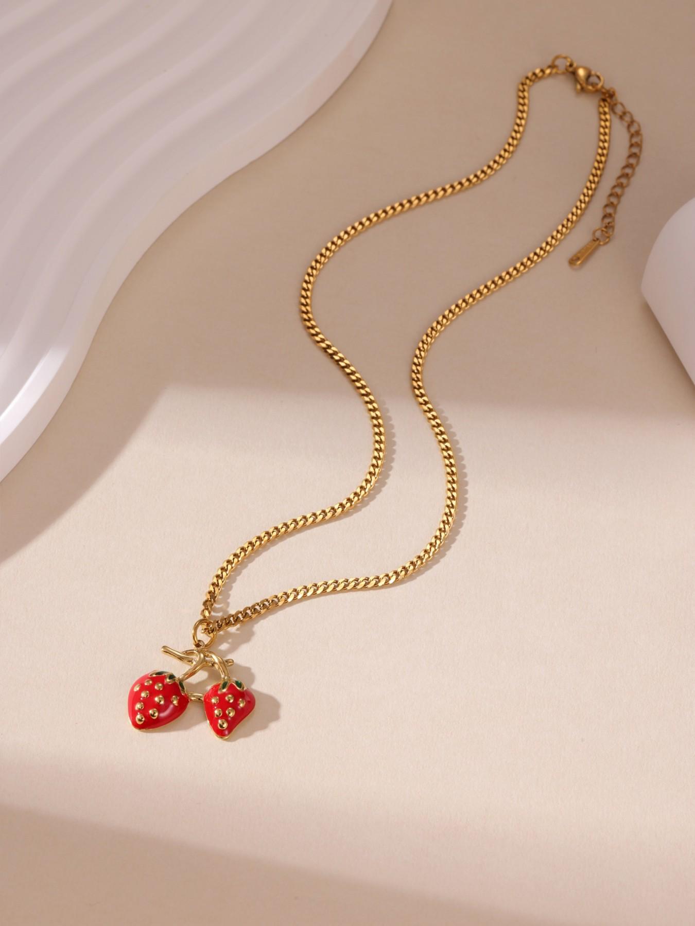 Sweet Strawberry Charm Gold Necklace For Women Daily Streetwear