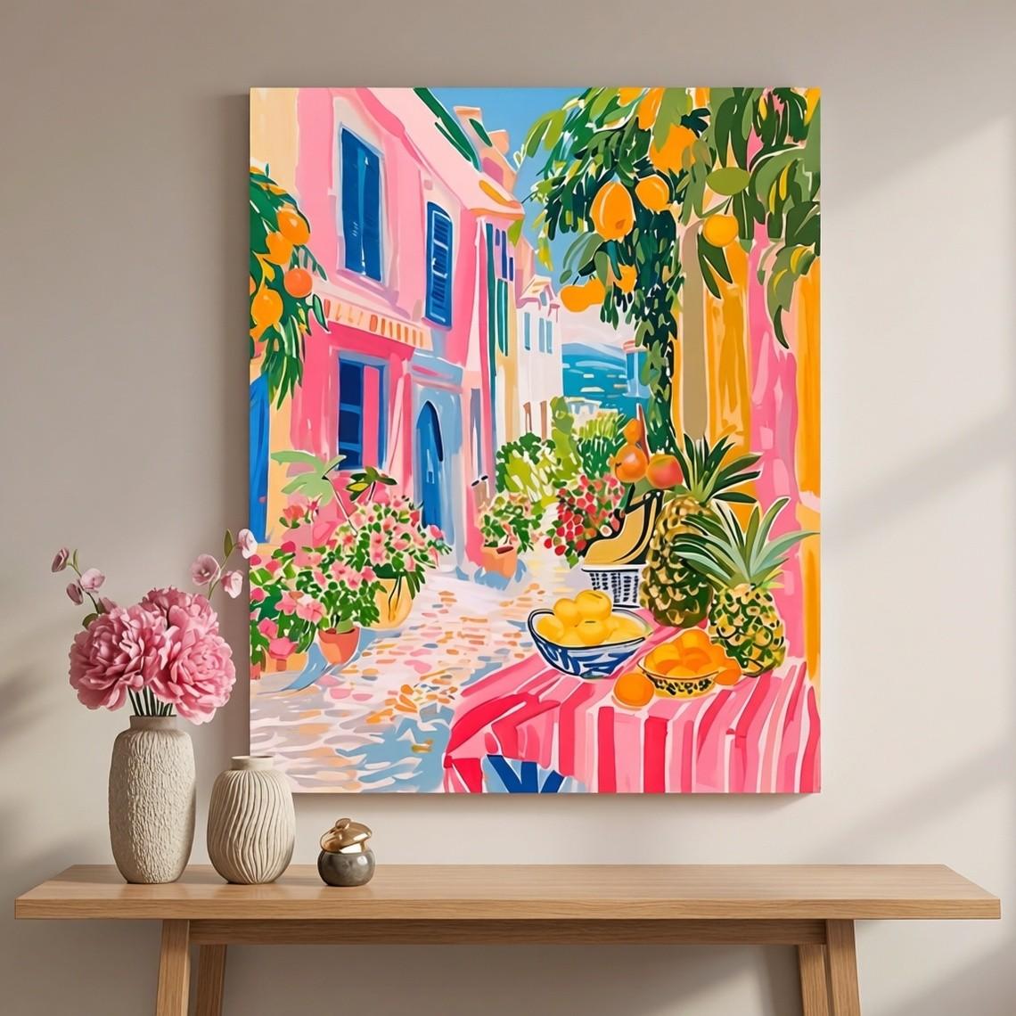 1pc Colorful Mediterranean Town Fruit Street Poster, Unframed Bright Summer Seaside Village Landscape Wall Print, Tropical Fruit & Pastel Building Wall Art, Decor Picture for Living Room, Bedroom, Home Wall Decor, No Frame