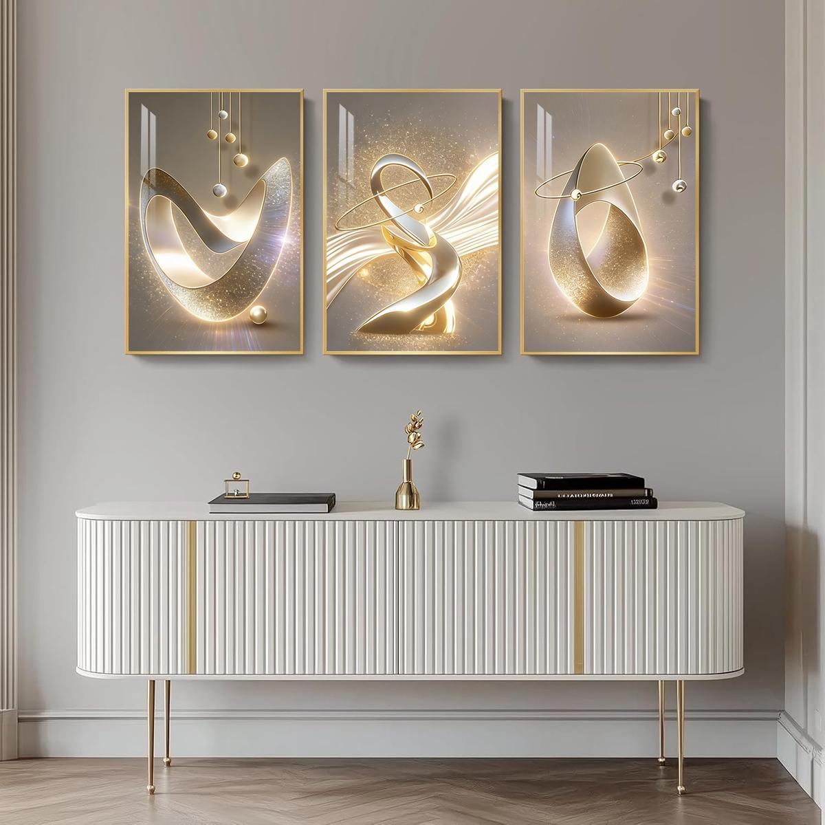 3 Counts Aluminum Alloy Framed Painting, Golden Abstract Sculpture Art Pictures, Home Decoration For Living Room, Bedroom, Office, Restaurant, Hallway Wall Decor, Odorless Print Artwork, Luxury Perfect Gift For Friends And Family