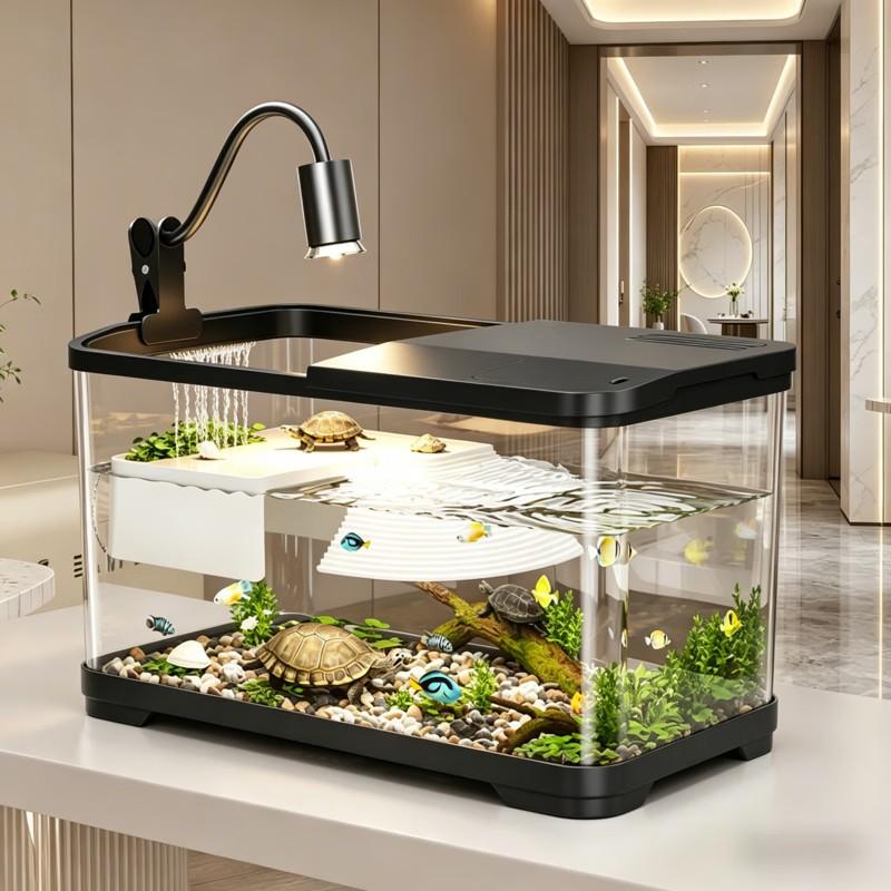 Eco Turtle Tank with Sun Deck, Home Use No Water Change, Villa Landscape Tank, Brazilian Turtle Grass Turtle Special Feeding Box, Aquatic Terrestrial Turtle Tank Fish Tank Combo, Terrarium
