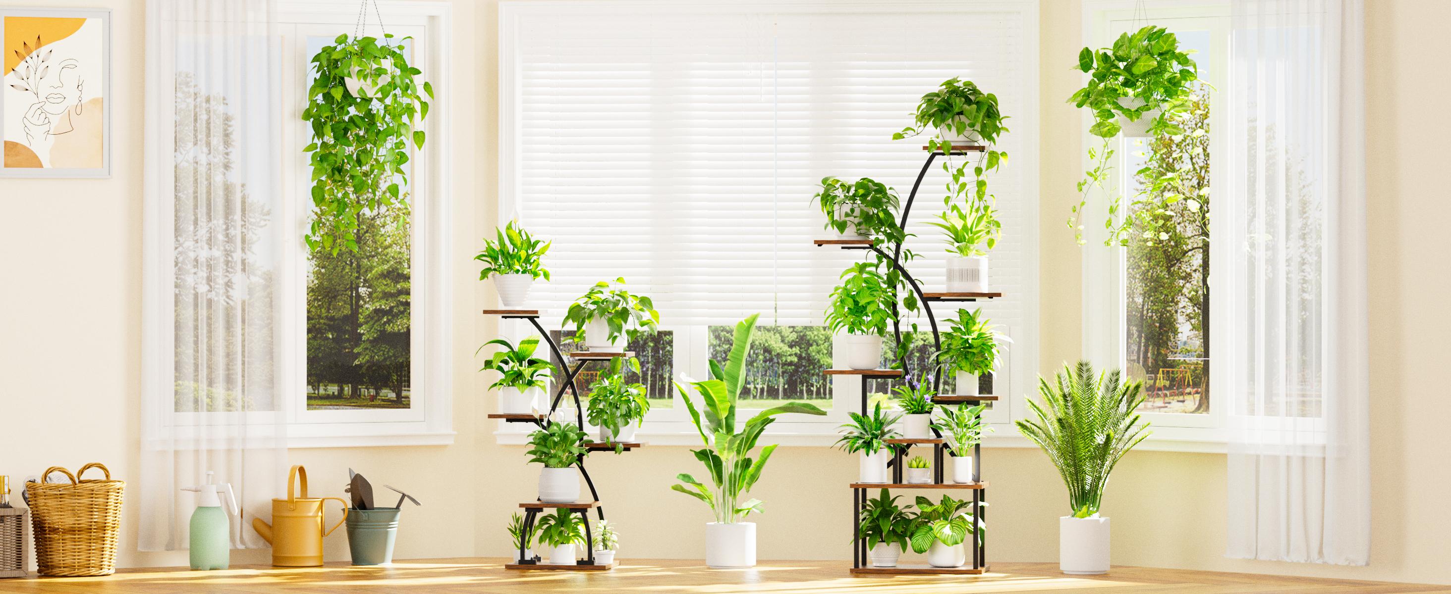 36" Tall Minimalist Standing Plant Rack with Grow Light - 6-Tier Corner Plant Stands for Indoor Plants Multiple, Metal Curved Flower Holder Display Rack for Patio, Balcony, Home Decor