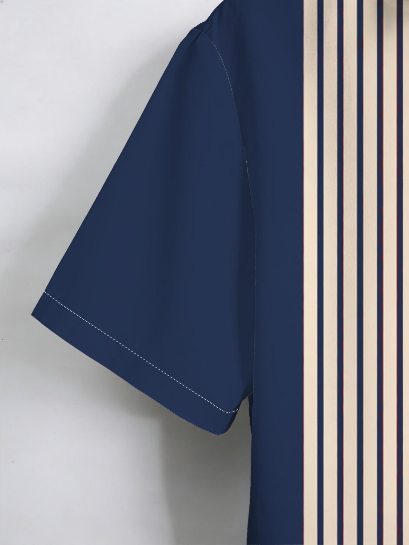 Large Size Men's Blue Block Plaid Striped Shirt, Summer Loose Fit Breathable Short Sleeve Shirt, Plus Size American Vintage Casual Top