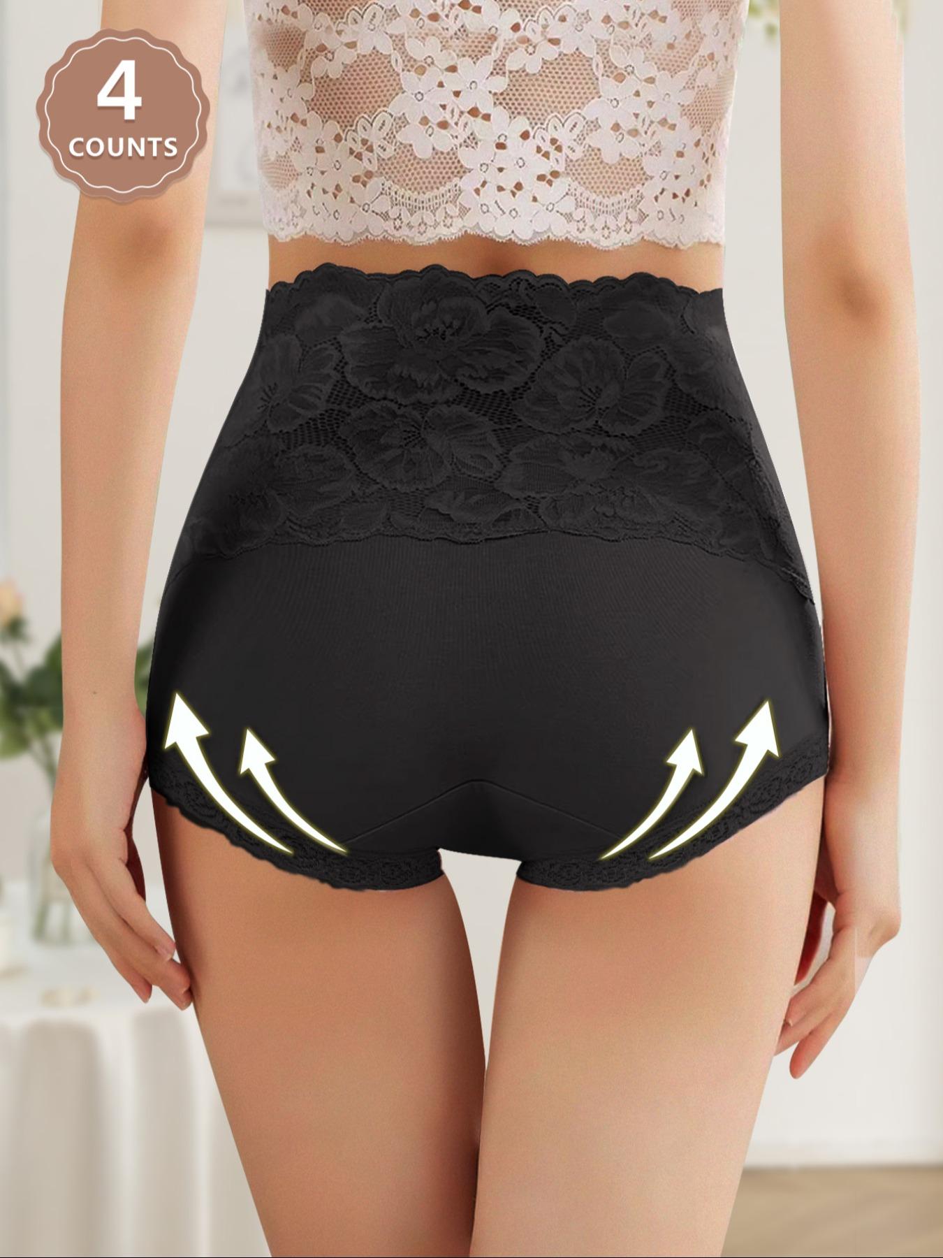Women's High Waist Cotton Underwear, 4 Pack Comfortable Fitted Panties, Breathable Lace Trim, All Season Casual Style, Casual Elegant Panty