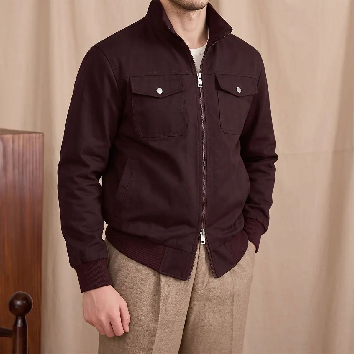 Men Burgundy Stand Collar Zip Up Workwear Jacket, American Vintage Multi-Pocket Bomber Coat, Autumn Winter Solid Casual Commuter Outerwear For Men Daily Outfit