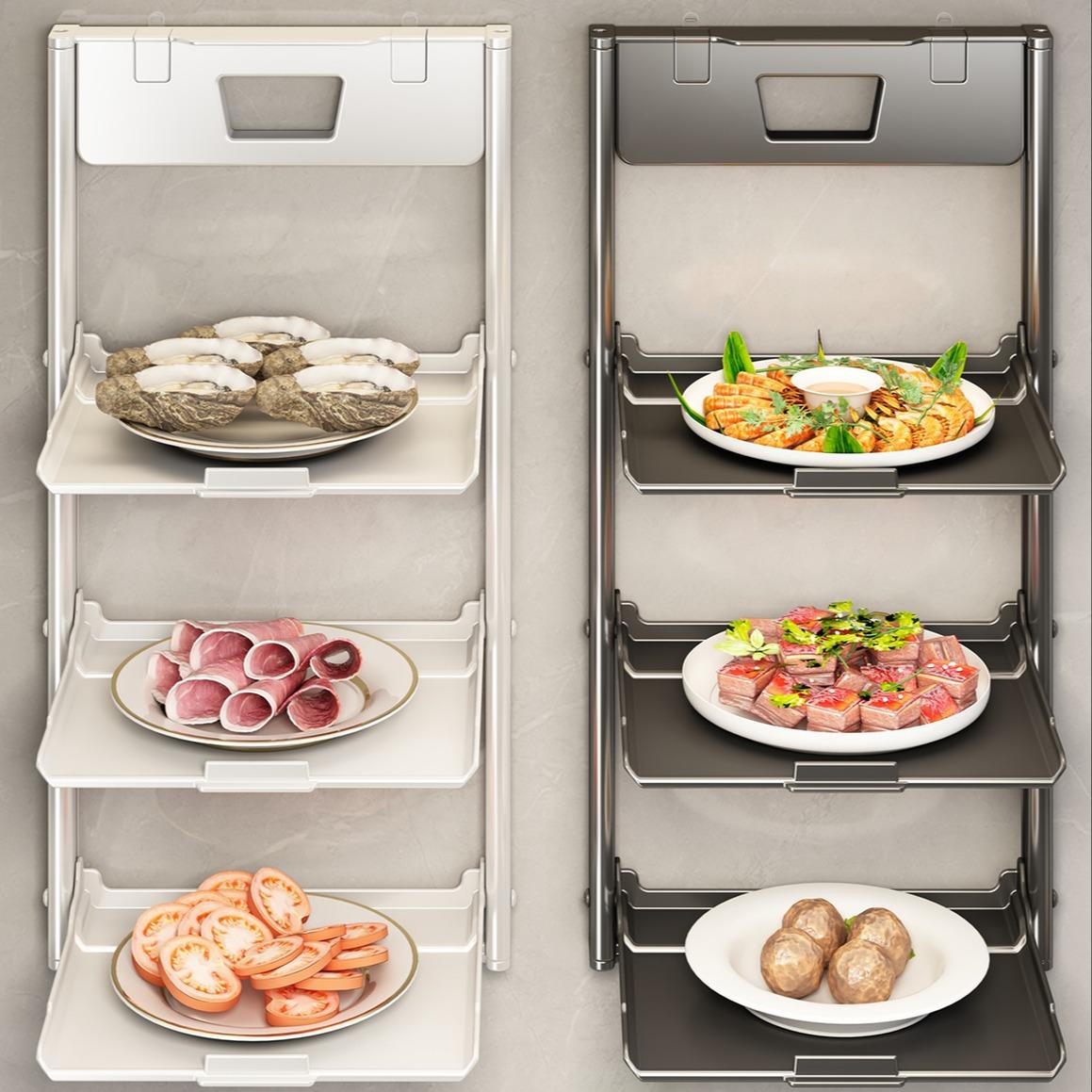 Suction Cup Kitchen Prep Rack with Multi Layer Food Trays, Wall Mounted Foldable Vegetable Holder for Meal Prep, Space Saving Storage Organizer for Cutting Ingredients, No Drill Design for Home Kitchen Use