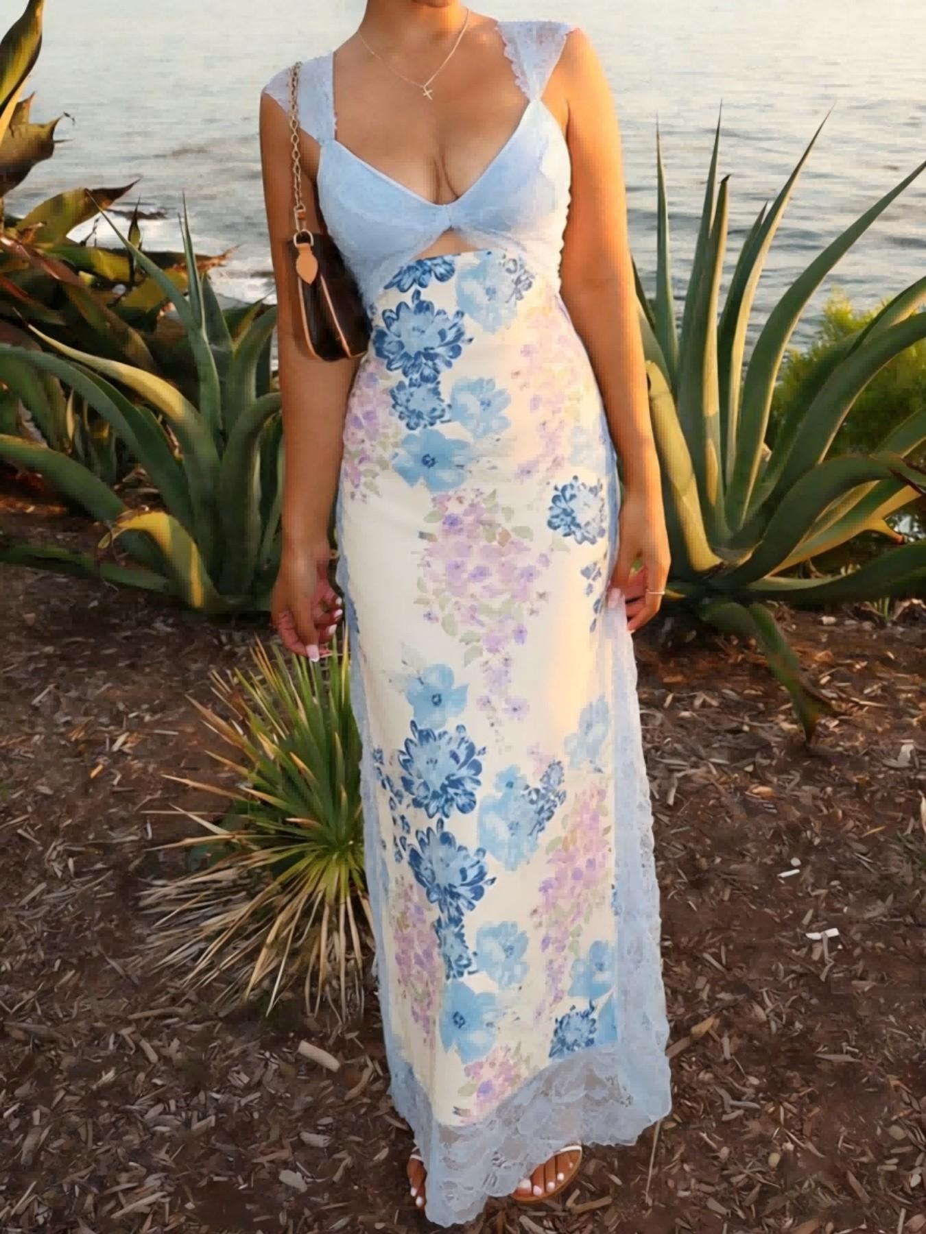 knee length dresses for ladies Blue Garden Vintage Lace Dress