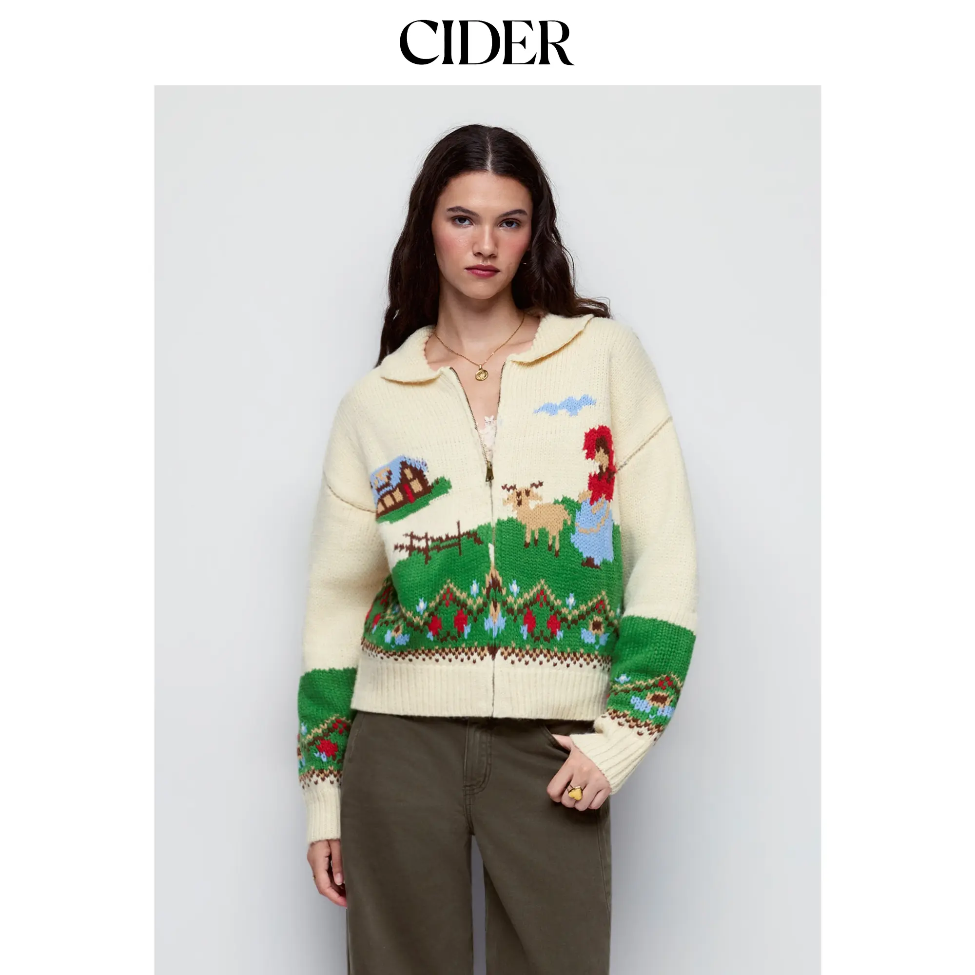 Cider Knit Landscape & Animal Graphic Zip Through Oversized Cardigan