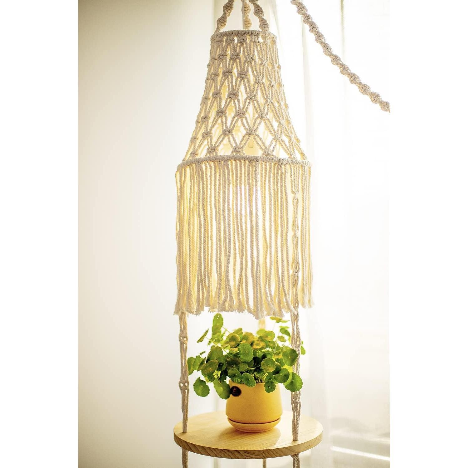 Macrame  Hanger Shelf  Rope Shelf Indoor with Boho Lamp Shade 3 Tier Floating Round Shelves Decorative Shelf Flower Pot Holder Planter Display Rack Boho  Decor-1 Set