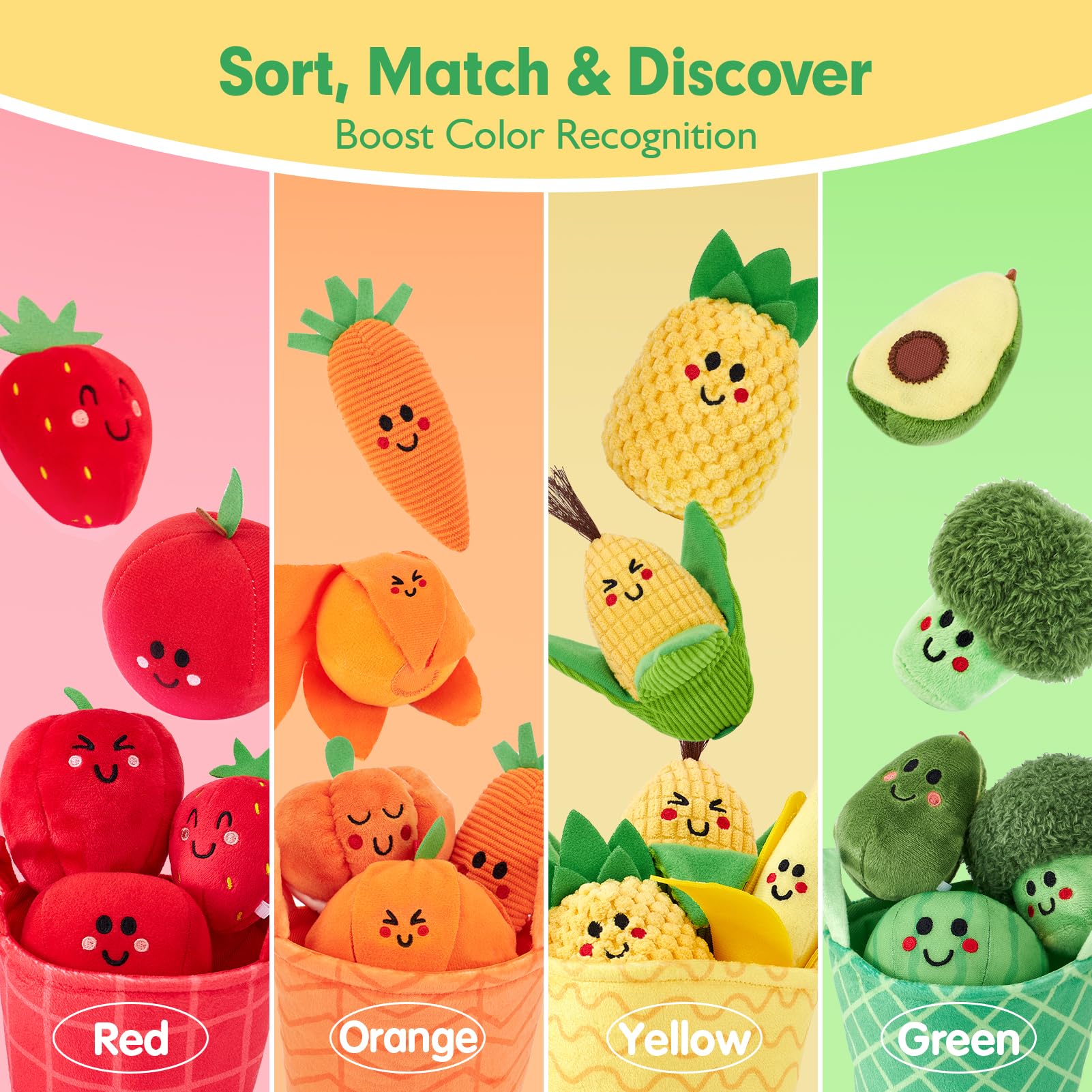 Baby Toys 6-12 Months -Set of Fruits and Vegetables Plush with Rattles and Basket, 16 Sensory Educational Pieces, Sensory Playset, Toys Children 1 Year Gift