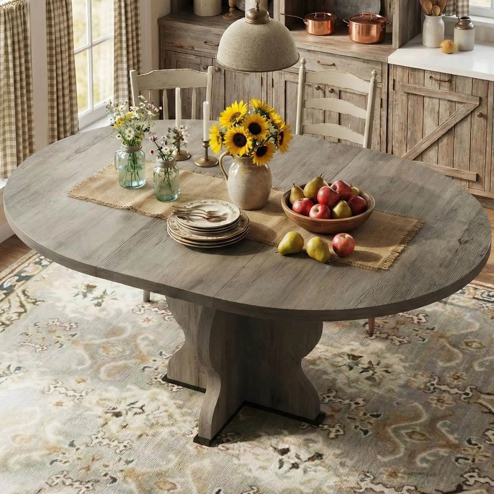 Extendable Oval Dining Table for 4-8 – Farmhouse Kitchen Table – 47"-63" Expandable Top – Sturdy Metal Frame – Space-Saving Design – Walnut