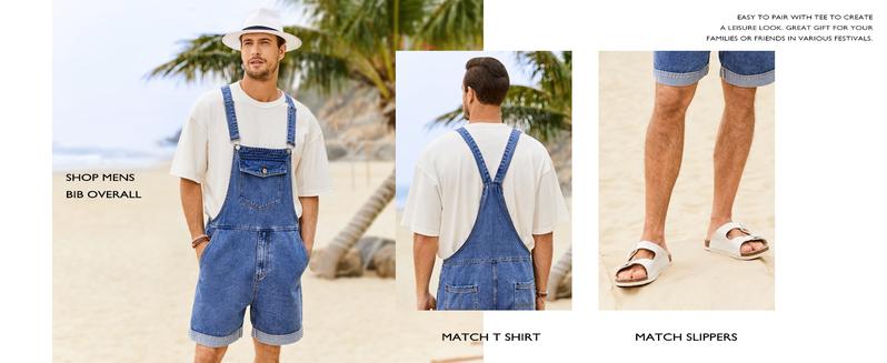 Runcati Men's Denim Bib Overall Shorts Loose Fit Summer Walk Shorts Above Knee Length Shortalls Jumpsuit Rompers
