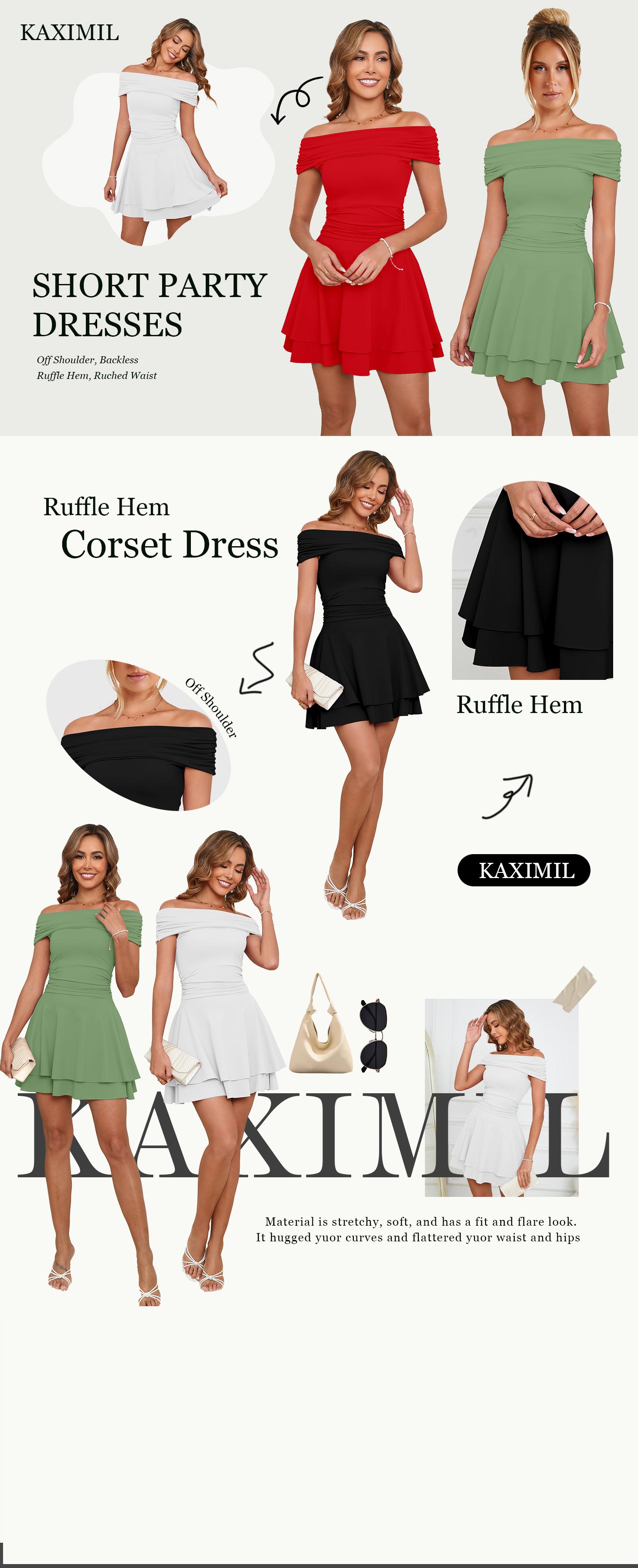 Kaximil Spring Off Shoulder Mini Dress - High Stretch Athletic Fabric Ruched A-Line Party Dress - Tummy Control Corset Ruffle Hem Dress for Graduation, Easter, Wedding Guest & Date Night Casual Basic Womenswear Kaximil Spring Off Shoulder Mini Dress - High Stretch Athletic Fabric Ruched A-Line Party Dress - Tummy Control Corset Ruffle Hem Dress for Graduation, Easter, Wedding Guest & Date Night Casual Basic Womenswear