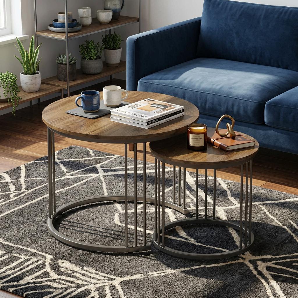 23.6" Round Nesting Coffee Table Set Of 2, Wooden Top & Metal Frame Nesting Tables, Stylish Center Tables For Living Room Bedroom Balcony