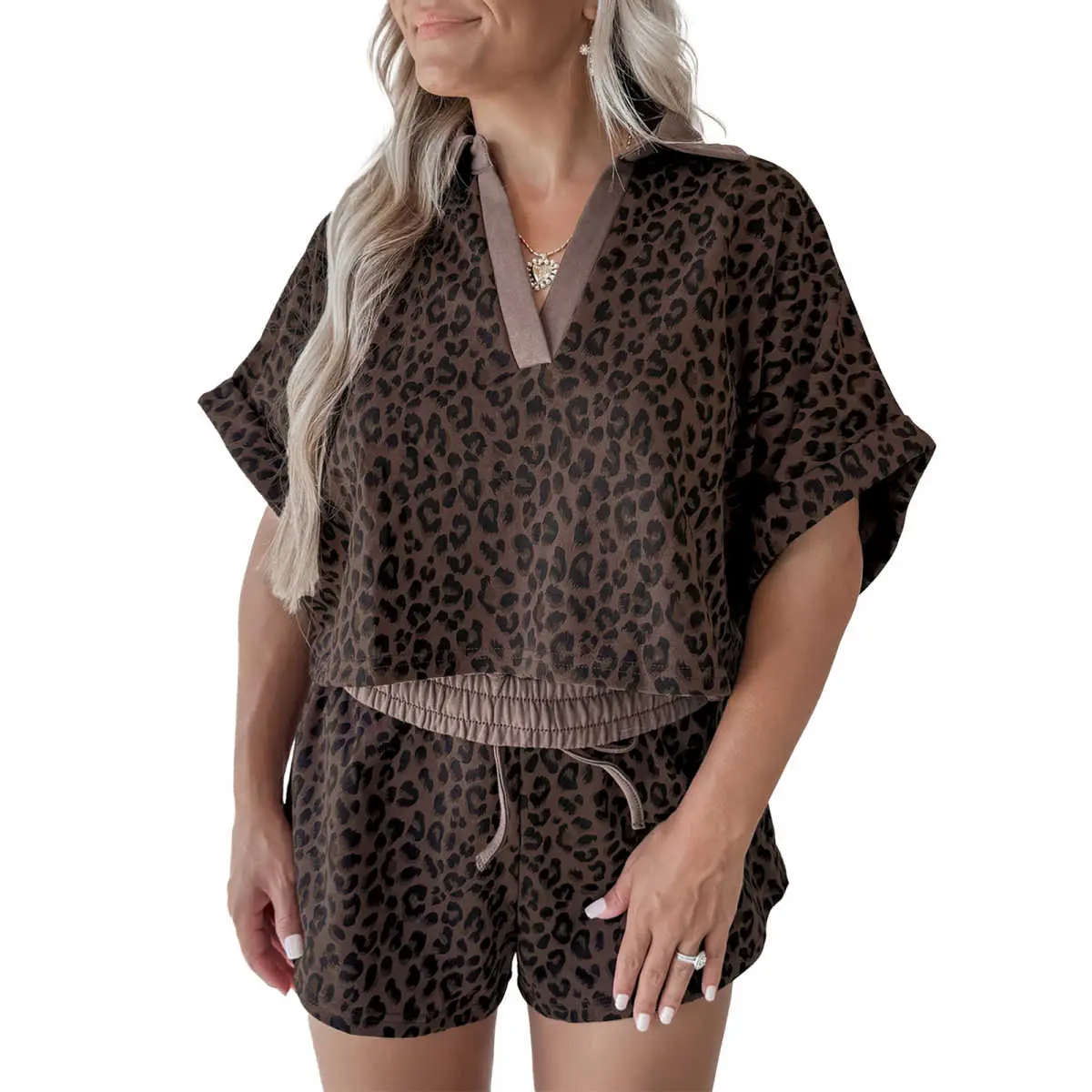Brown V Neck Collar Leopard Printed 2pcs Short Set