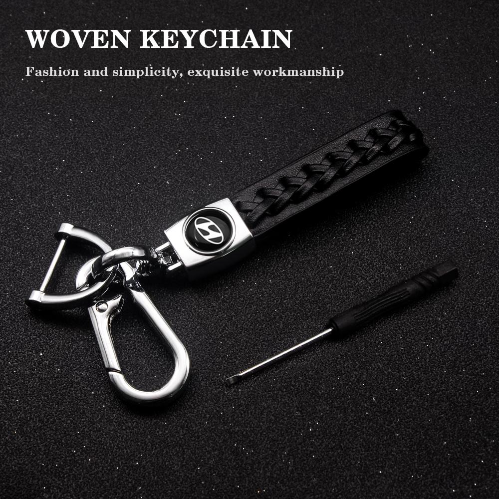 Hyundai Car Logo Leather Keychain, Woven Leather Strap Design, Metal Clip Key Holder, Durable Alloy Car Key Ring, Fashionable Alloy Keychain