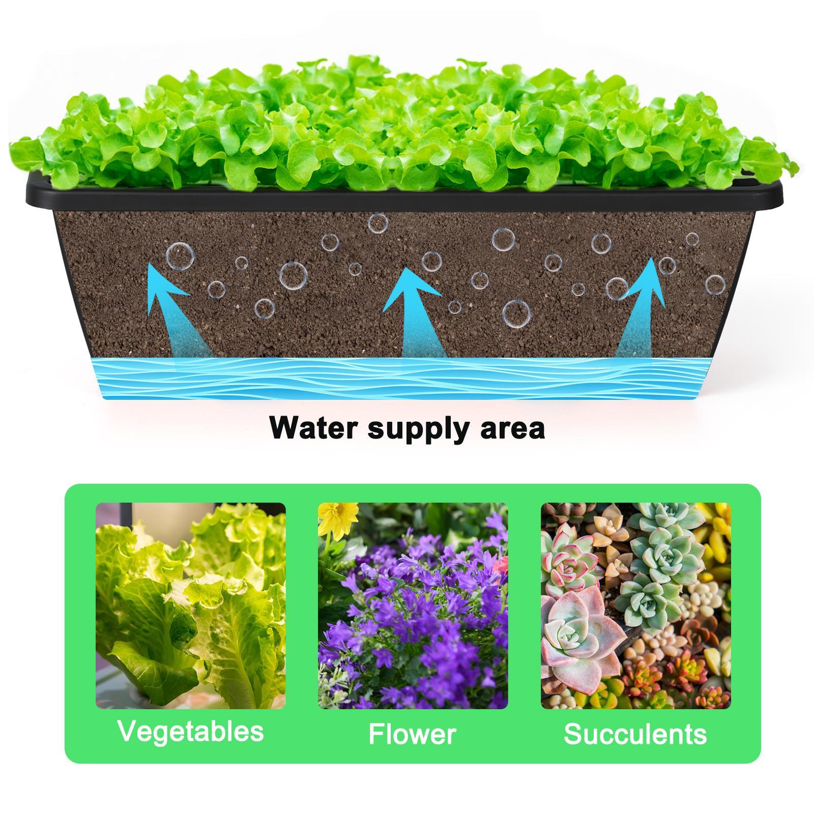 6-Pack Reusable Plastic Rectangular Window Box Planters with Adjustable Rail Mount Brackets, Self-Watering Trays, Integrated Drainage Holes - Hanging Indoor-Outdoor Home Organizer for Flowers, Vegetables
