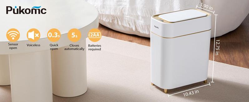 Pukomc Touchless Automatic Trash Bin – Wave or Knee-Operated, Quiet Lid, Detachable Liner, Battery-Powered for Home/Office. Pukomc Touchless Automatic Trash Bin – Wave or Knee-Operated, Quiet Lid, Detachable Liner, Battery-Powered for Home/Office.
