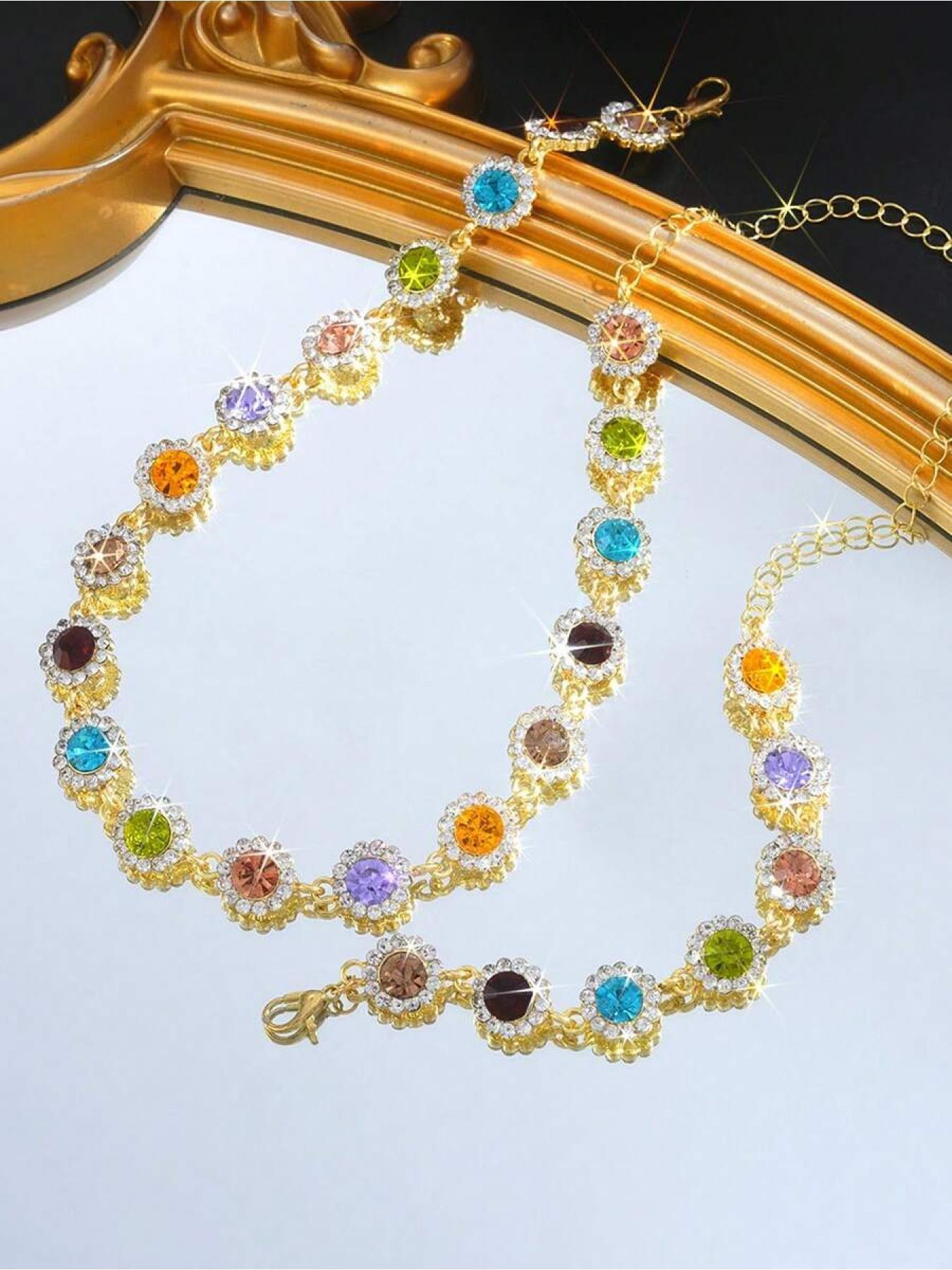Rainbow Gemstone Jewelry Set, Necklace and Bracelet with Multicolor Gems and Crystal Accents, Perfect for Music Festivals and Parties