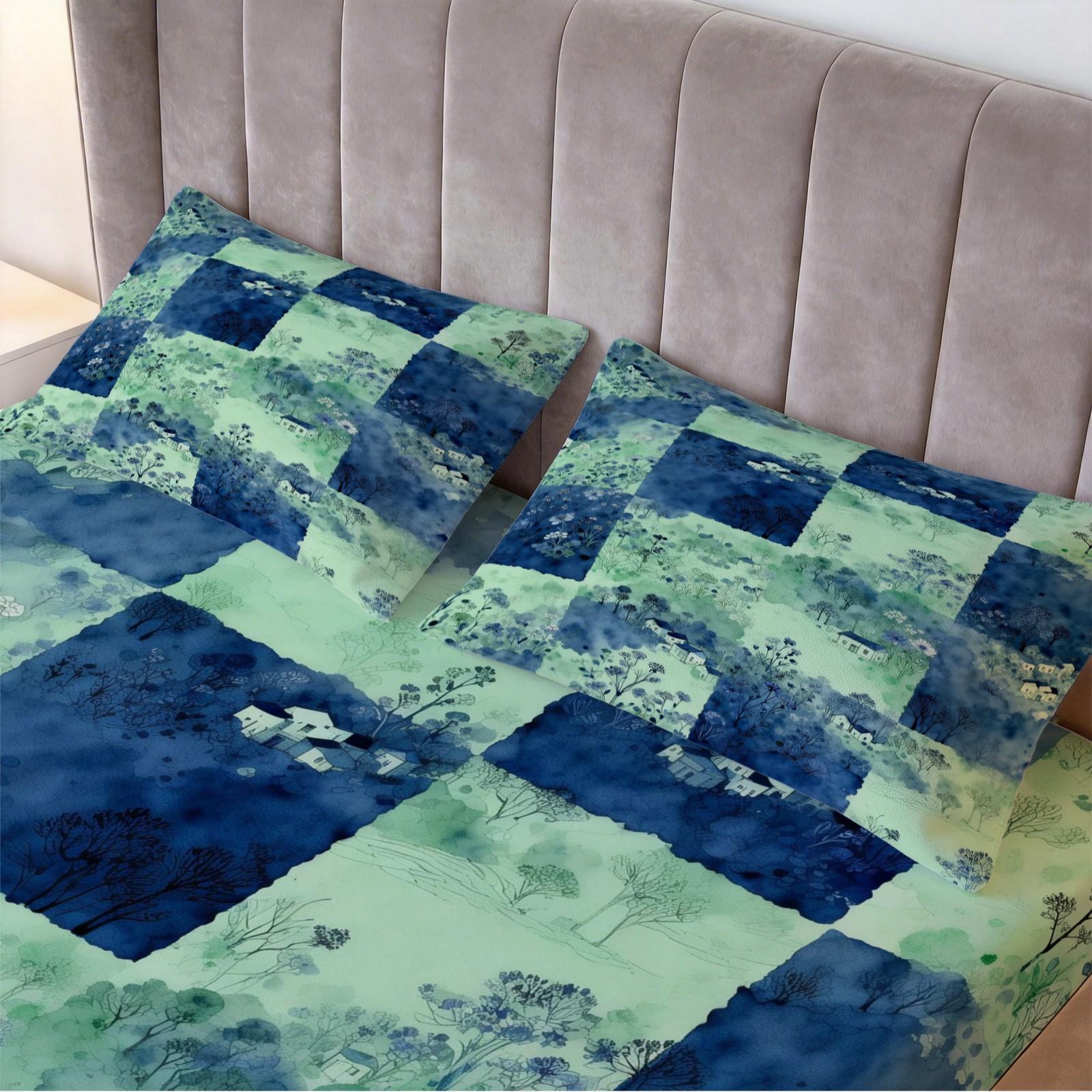 3 Pcs Watercolor Landscape Checkered Fitted Sheet Set, HD Digital Printed Fitted Sheet (No Insert), Soft Breathable Deep Pocket Mattress Cover, Aesthetic Bedroom Decor Bedding Set