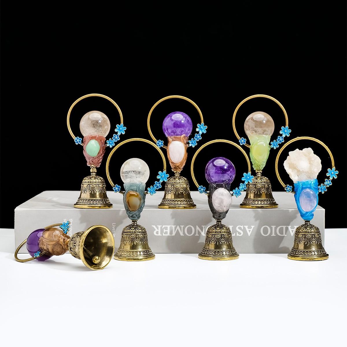 Natural Crystal Ball Brass Hand Bell, Copper Feng Shui Healing Bell, Home Decoration, Christmas Bell Gifts & Souvenir, 1pc