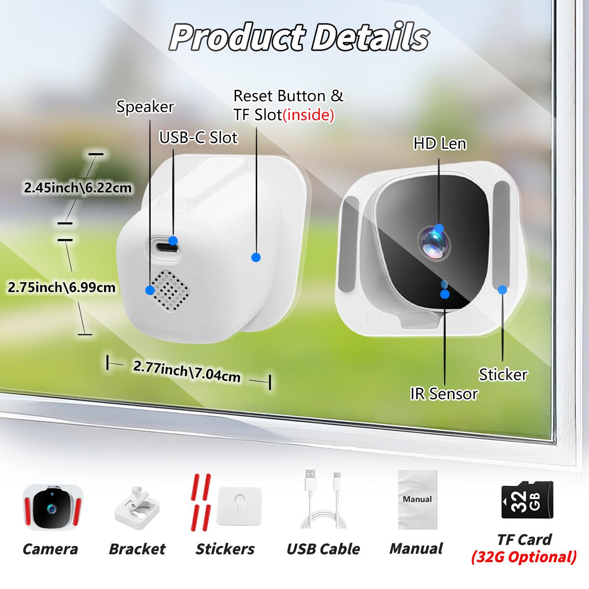 2.4GHz WiFi HD Window Camera, Ai Motion Detection, Full Color Night Vision, Two-Way Audio, 24/7 Recording, Cloud/SD Card Storage