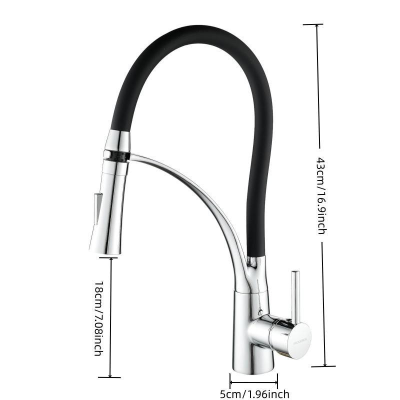 Extractable Kitchen Faucet Flexible Silicone Sprayer, Single Handle Pull-Down Brass Goose Neck, Modern High Arc, Polished Chrome Rubber Nozzle Hose