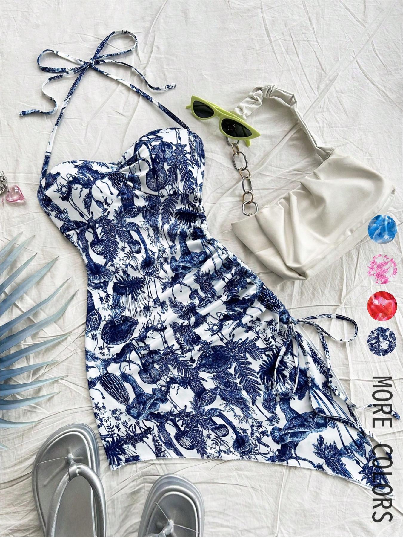 Women's All Over Print Ruched Drawstring One-piece Swimsuit, Casual Fashion Backless Tie Front Halter Swimwear for Beach Holiday Vacation, Ladies Swimsuit for All Seasons