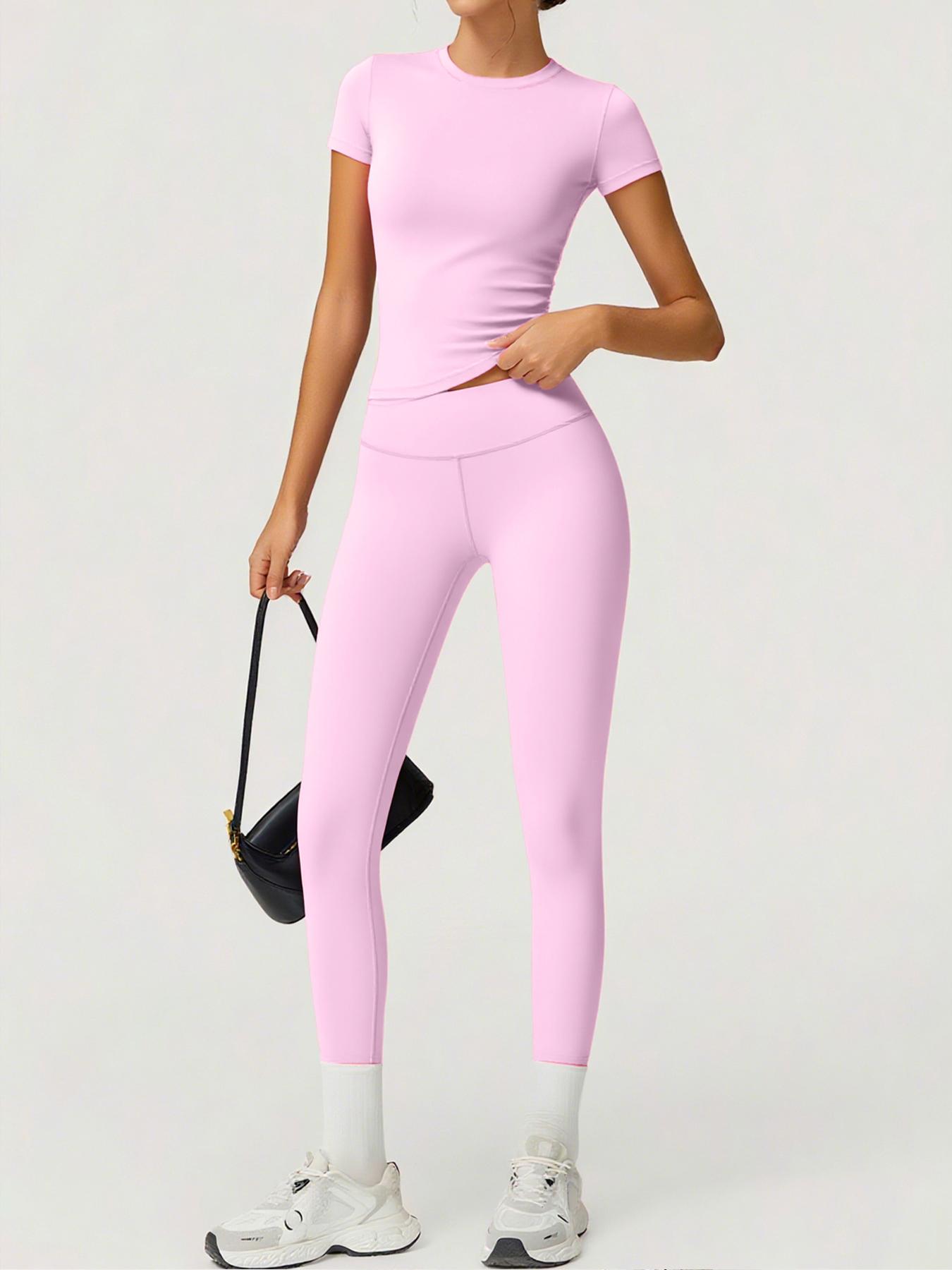 Women's Sporty Fitted Yoga Tracksuit Set, Soft Breathable Stretch Fabric Activewear Short Sleeve Top & Elastic Pants, Ideal for Fitness Running Outdoor Activities