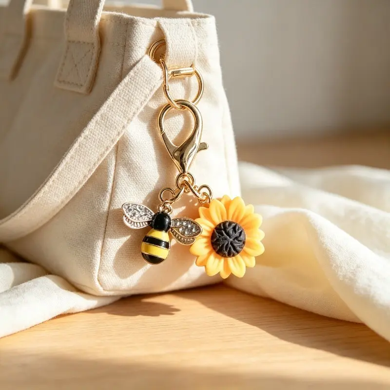 Sunflower & Rhinestone Bee Keychain Bag Charm With Heart Lobster Clasp Floral Themed Pendant Fashion Bag Accessory Perfect Graduation Teacher Friendship Back To School Gift For Women Girls