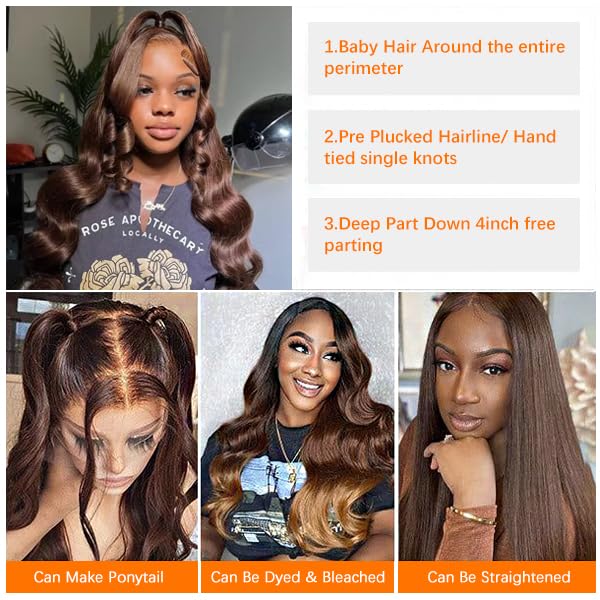 Chocolate Brown Lace Frontal Wigs Human Hair 13x4 Body Wave Lace Front Wigs for Women 180% Density Glueless Wigs pre Plucked with Baby Hair