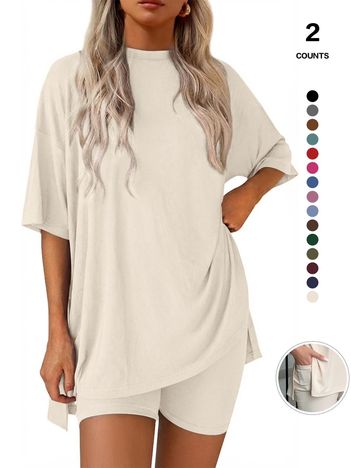Cozy Mama Lounge Set, Women's 2-Piece, Crew Neck Oversized T-Shirts, Comfortable Home Wear, Perfect for Relaxing at Home