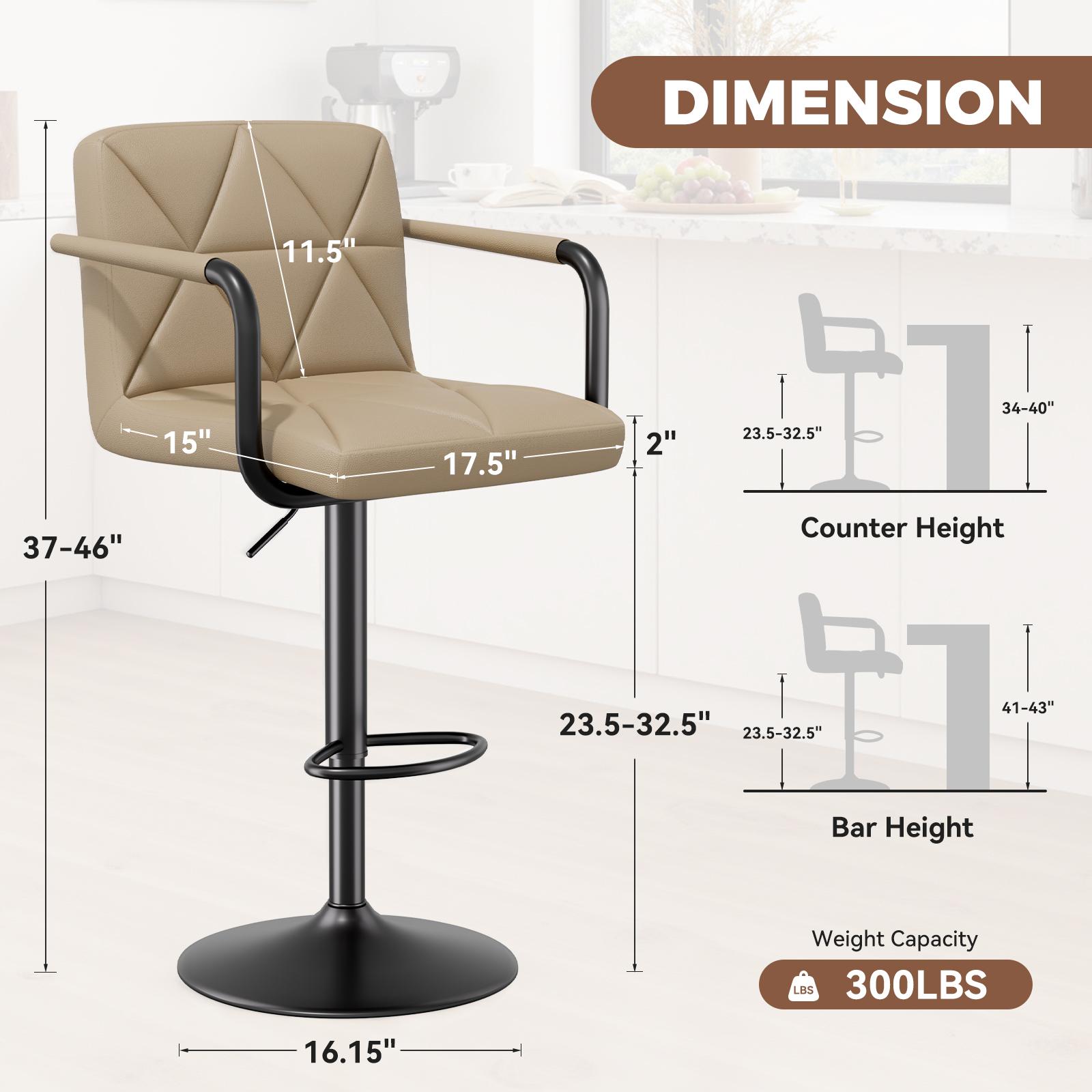 Set of 2 Barstools, Adjustable Height 25.5-34.5 IN with Back & Arms, Swivel PU Leather Upholstered Counter Height Bar Chairs
