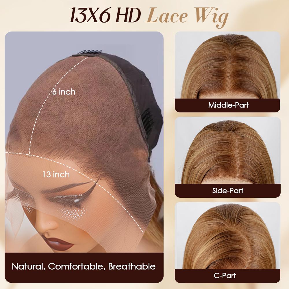 Pizazz Hair 13x6 Pre Bleached Honey Blonde Straight Full Lace Front Wigs Human Hair Pre Plucked For Momen 220% Density Highlight HD Transparent Lace Frontal Wigs with Baby Hair