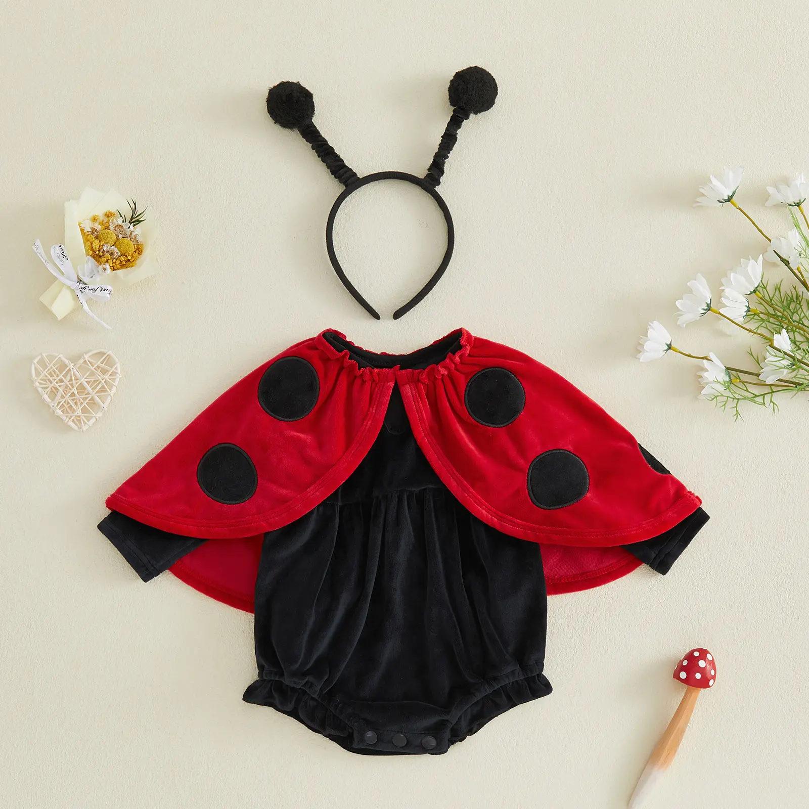 Meihuida Newborn Baby Boy Girl Ladybug Halloween 3 Piece Costume Set Velvet Cape Long Sleeve Bodysuit Antenna Headband Infant Cosplay Outfit