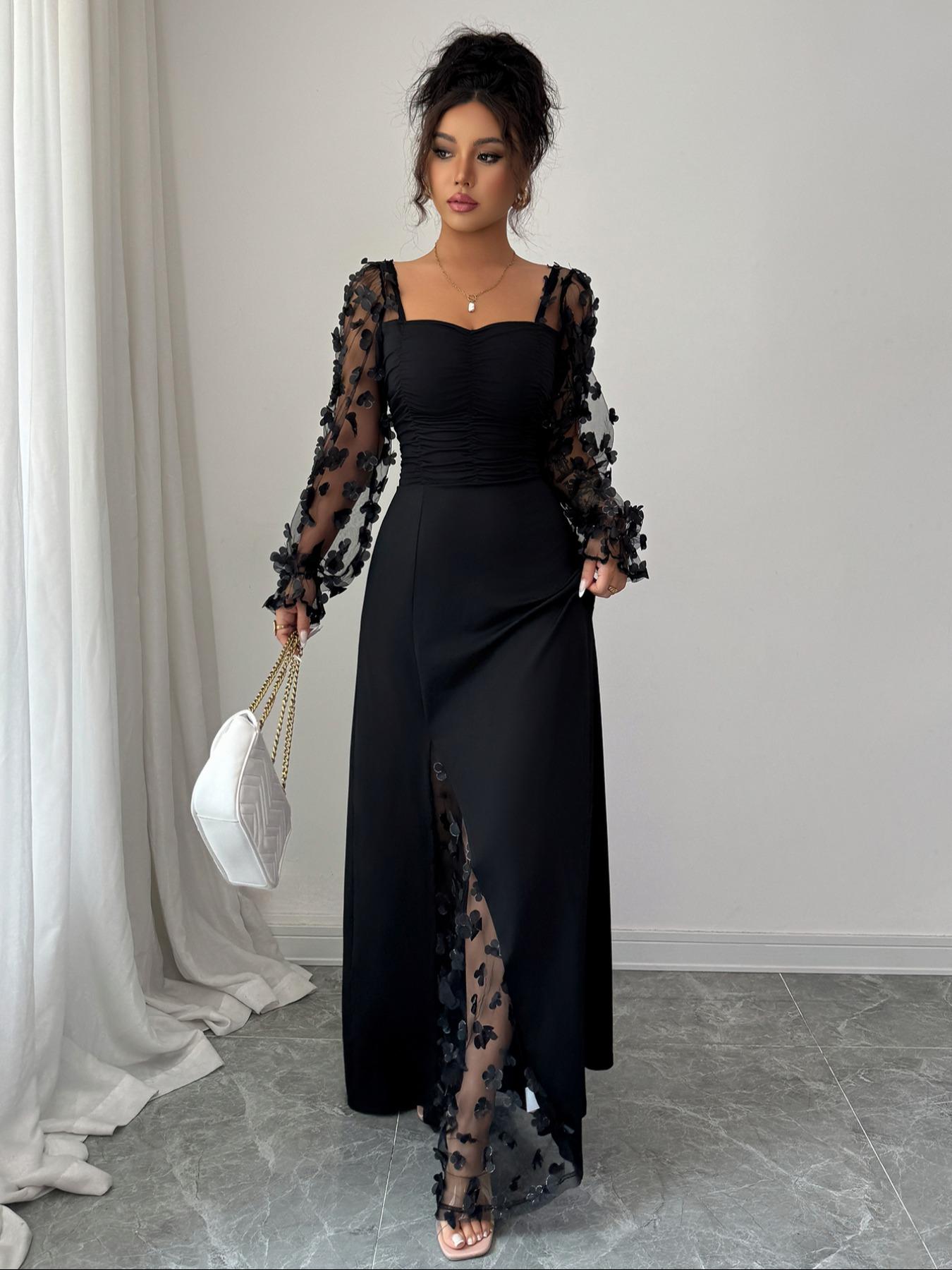 Pure Color Elegant Chic Square Neck Mesh Long Sleeve Split Design Dress, Fitted Plain Style, Perfect for Casual and Formal Occasions