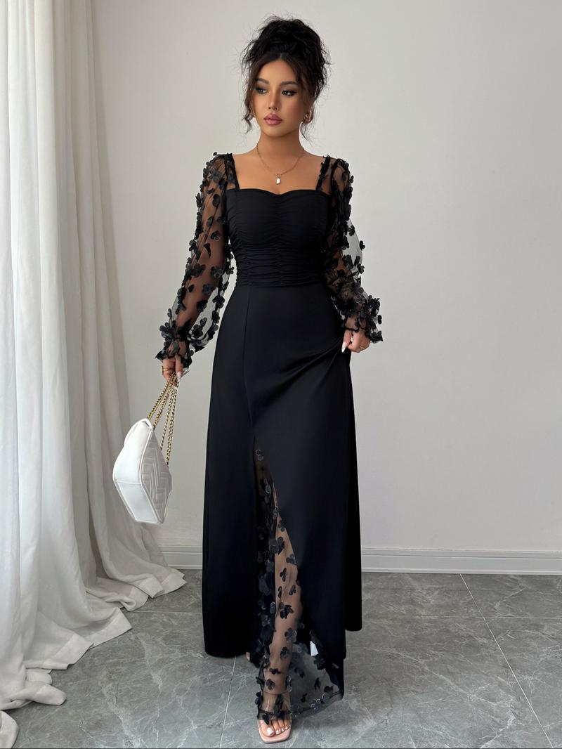 Pure Color Elegant Square Neck Mesh Long Sleeve Split Design Dress, Fitted Plain Style, Perfect for Casual and Formal Occasions