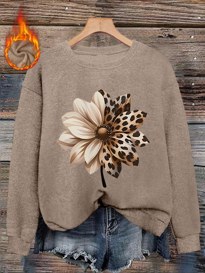 [Autumn and Winter] Leopard print flower print women's casual and fashionable round neck faux wool top, women's round neck faux wool top, letter, pattern comfortable round neck faux wool top, suitable for autumn and winter season