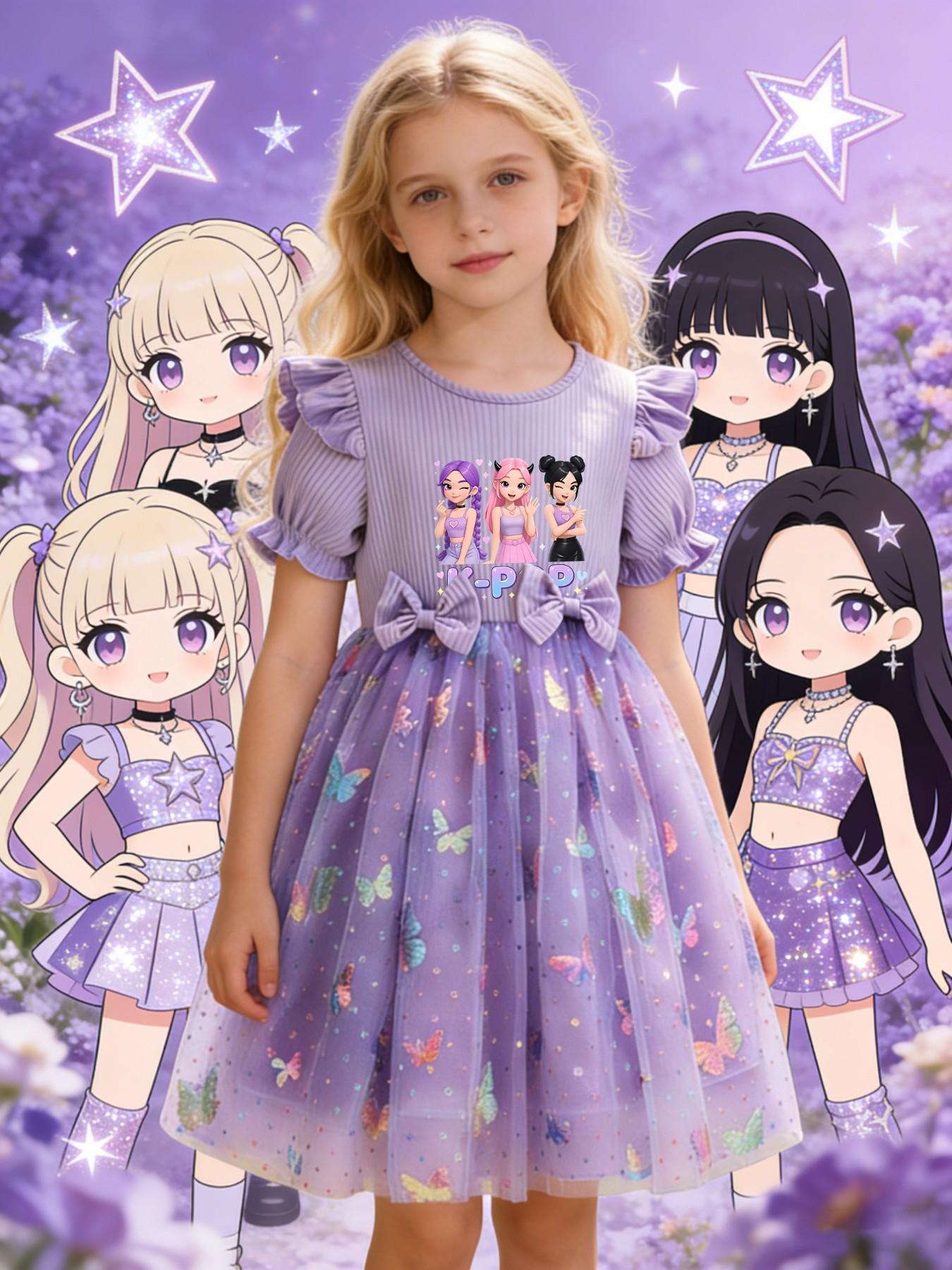 K-Pop Butterfly Child Princess Dress, Cute Fly Sleeve Bow Net Dress, Slim-Fitting Butterfly Pattern Dress for Girls