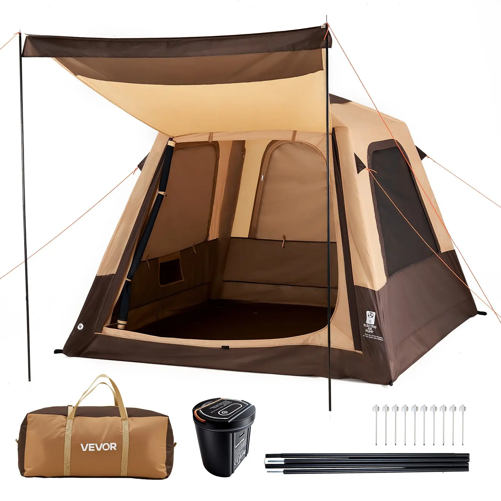 VEVOR Camping Tent, 4 Person Inflatable Cabin Tent with Rechargeable Pump, TPU Air Tube 5 Large Mesh Windows, Portable Easy Setup Waterproof with Carry Bag for Family Outdoor Camping Hiking, Beige