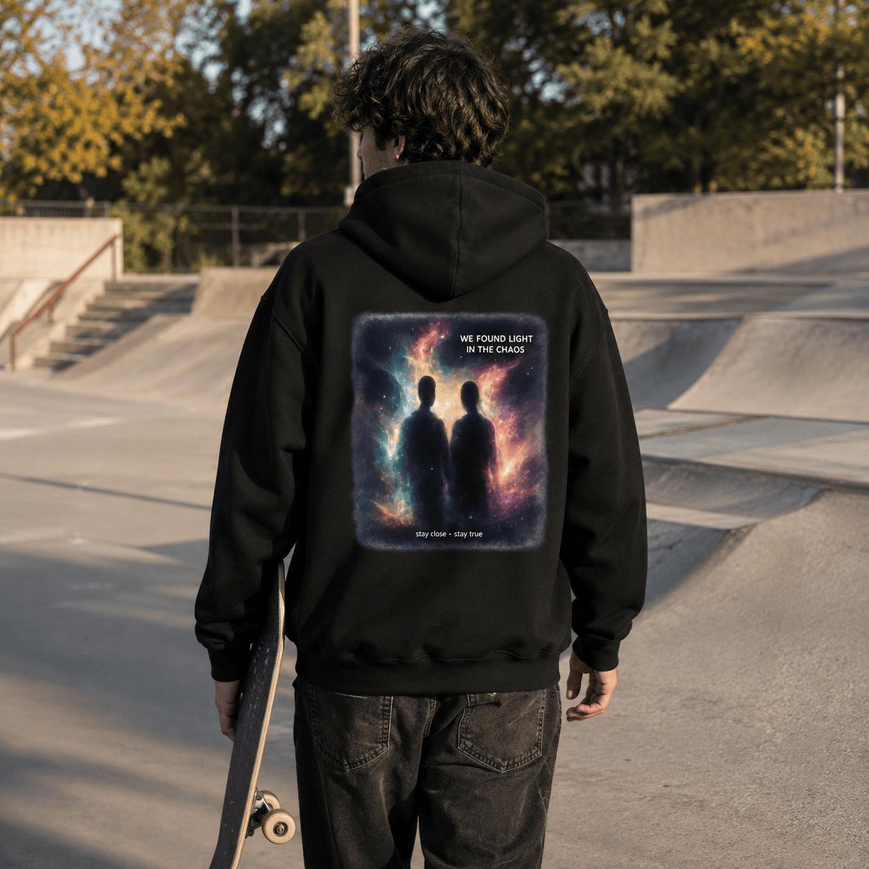 Menswear Cosmic Chaos Graphic Hoodie - Galaxy Space Art Print Pullover, Dark Aesthetic Streetwear, Inspirational Quote Oversized Unisex Sweatshirt with Kangaroo Pocket, Ribbed Hem, Premium Fabric for Men