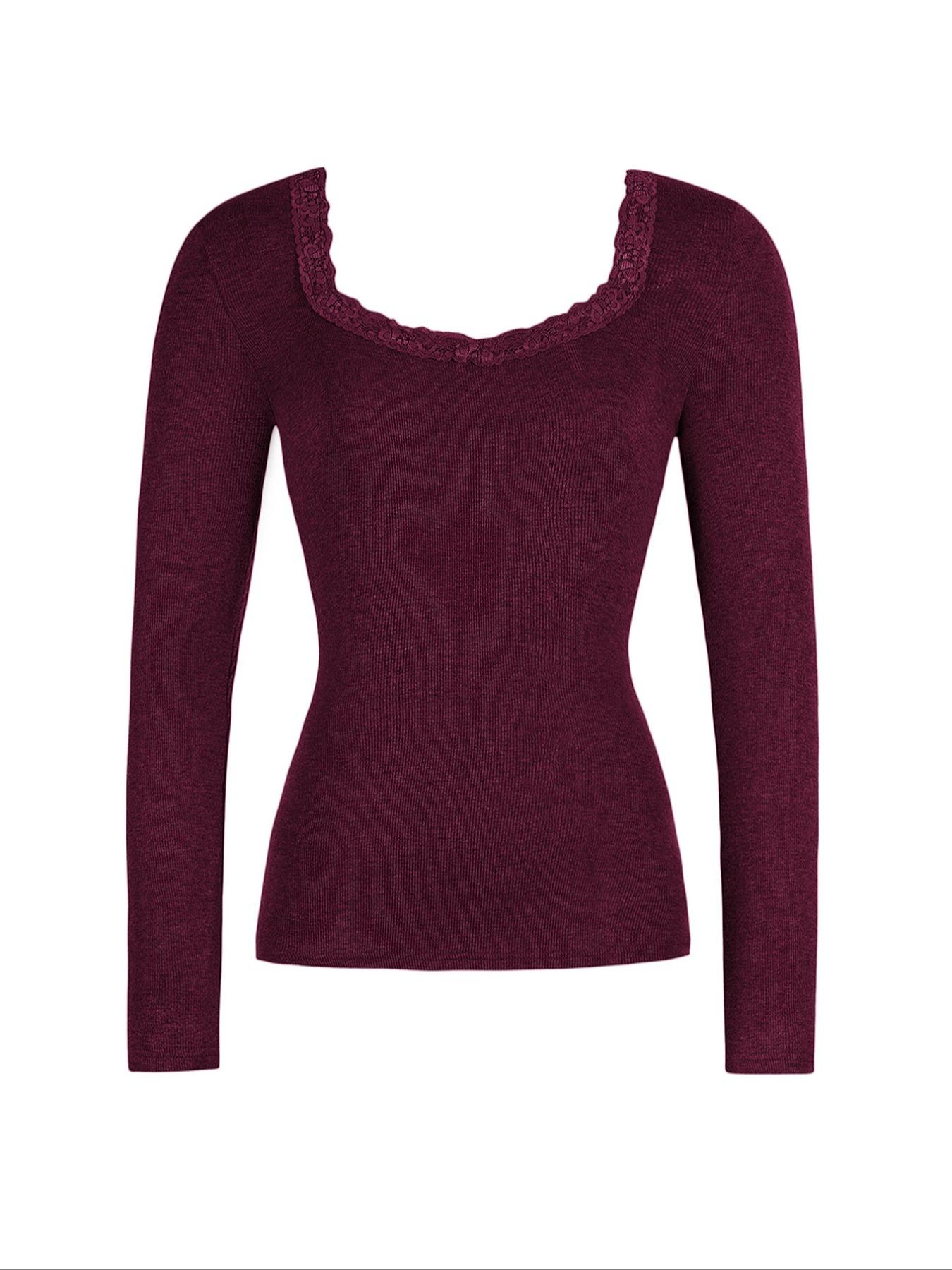 Pure Color Lace Patchwork U-Neck Long Sleeves Slim Fit Casual T-Shirt, Stylish Women's Top for Everyday Wear, Comfortable and Trendy Design