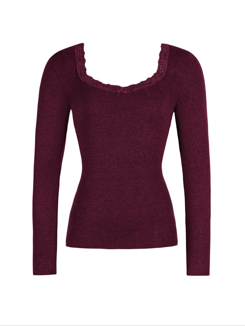 Pure Color Lace Patchwork U-Neck Slim Fit Casual T-Shirt, Stylish Women's Top for Everyday Wear, Comfortable and Trendy Design