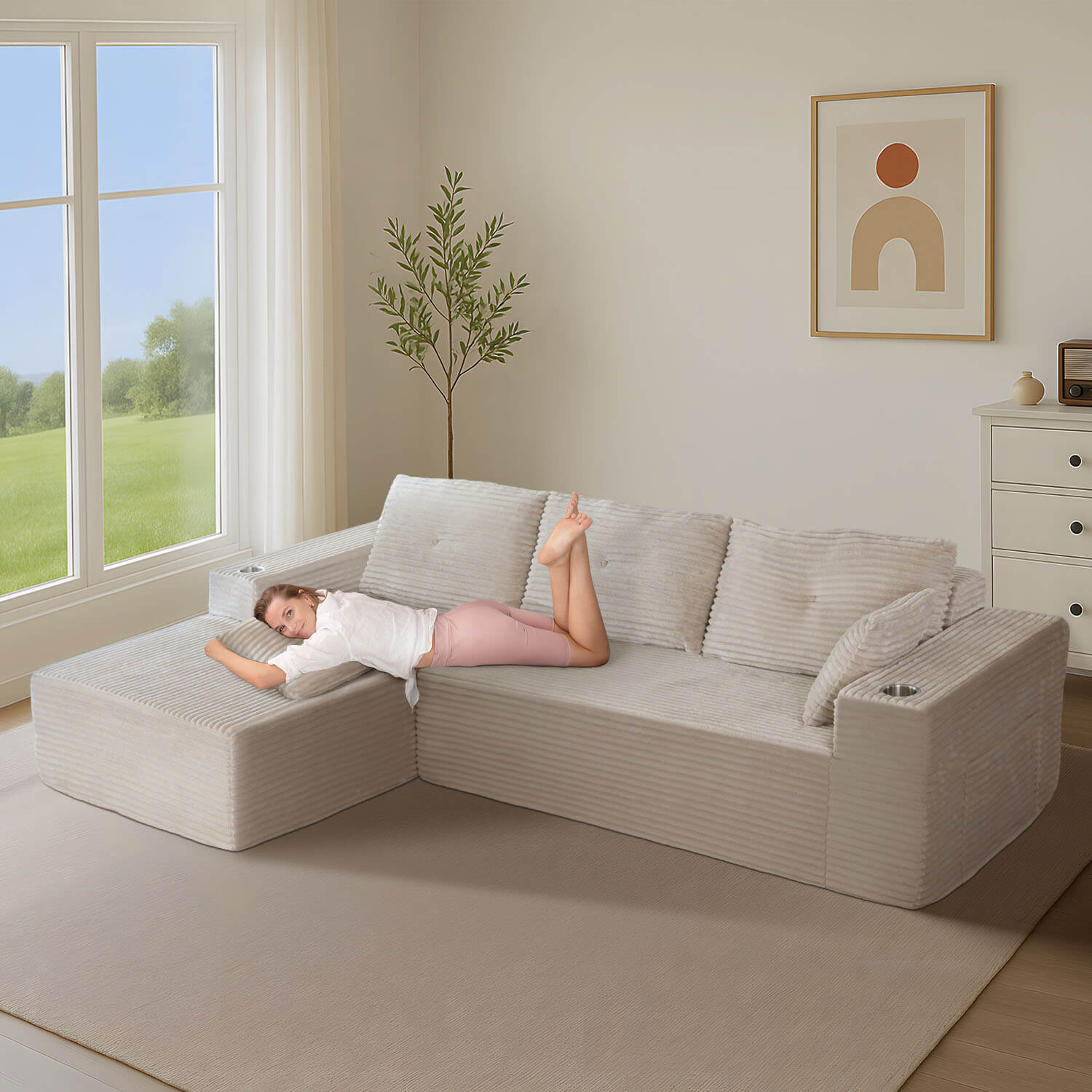 MAXYOYO Titan L-Shaped Sofa, 104" Modular Couch, Corded Cloud Sectional Floor Sofa, Cozy for Living Room or Apartment, 104"*65"*31.5", 2 Cupholders Design