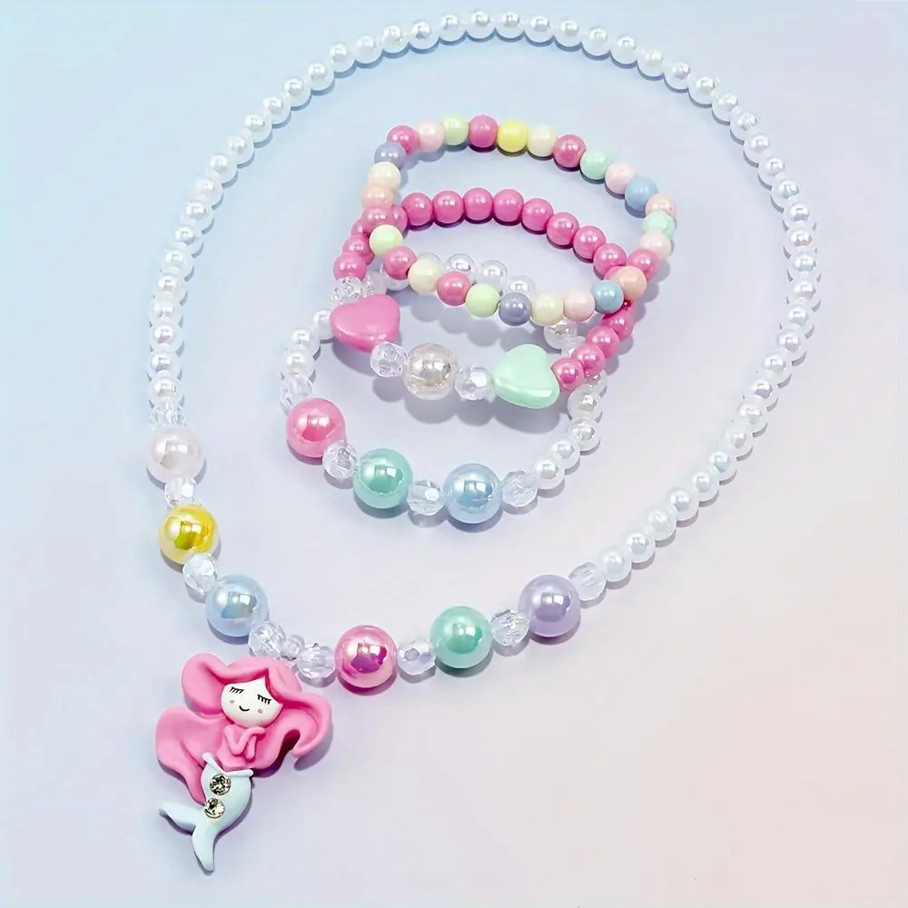 A Charming Set of Four Cute Mermaid Pendant Necklaces And Beaded Bracelets, Perfect for Holiday Parties And Birthday Gifts, with Colors Chosen at Random
