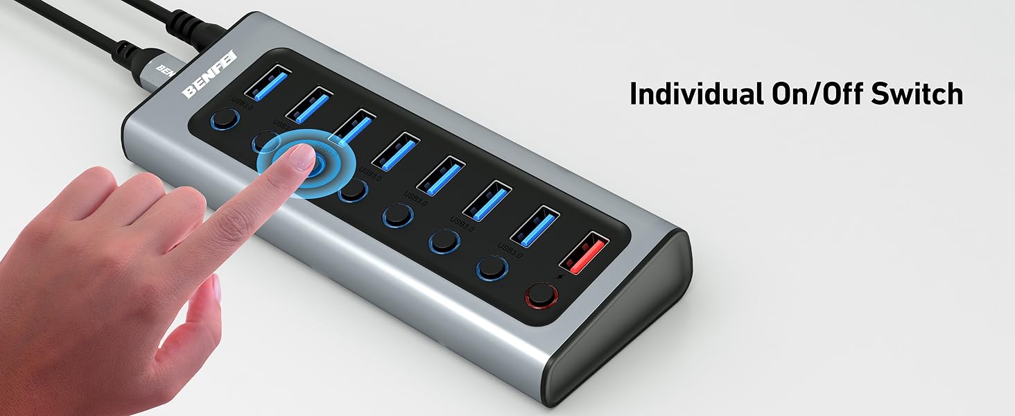 BENFEI Powered USB Hub with 7 Data Transfer Ports+1 Smart Charging Port USB Splitter Individual LED On/Off Switches BENFEI Powered USB Hub with 7 Data Transfer Ports+1 Smart Charging Port USB Splitter Individual LED On/Off Switches